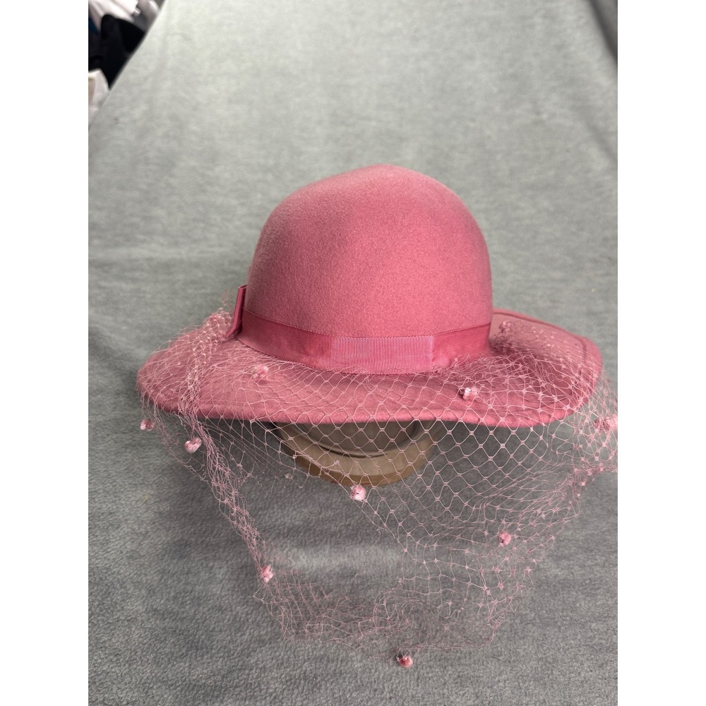 Vintage Pink Wool Felt Cloche Hat with Birdcage Veil and Bow WPL 5923
